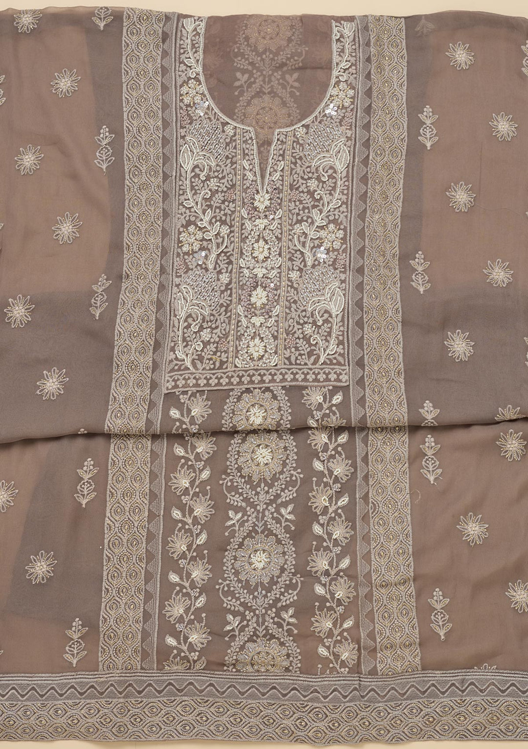 Light Grey Georgette Chikankari Unstitched Dress Material With Matching Bottom And Dupatta