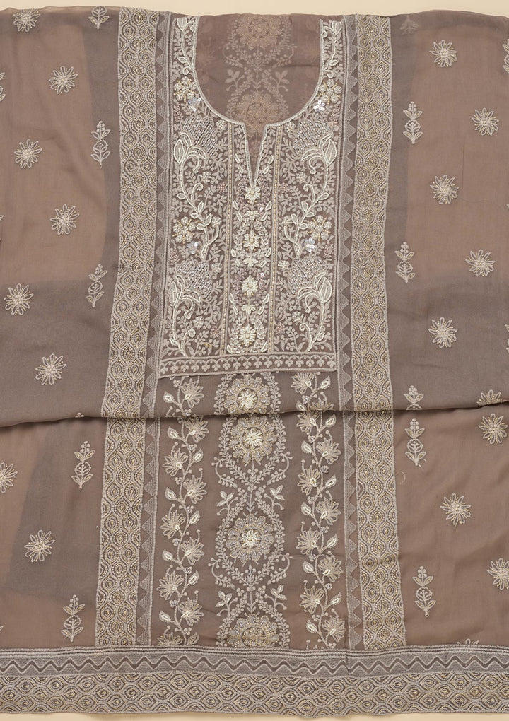 Light Grey Georgette Chikankari Unstitched Dress Material With Matching Bottom And Dupatta