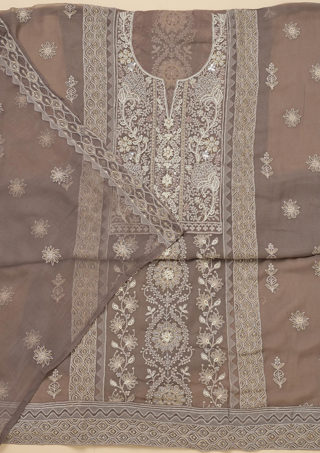 Light Grey Georgette Chikankari Unstitched Dress Material With Matching Bottom And Dupatta