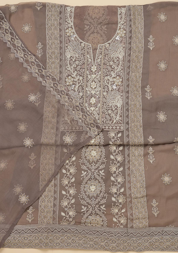 Light Grey Georgette Chikankari Unstitched Dress Material With Matching Bottom And Dupatta