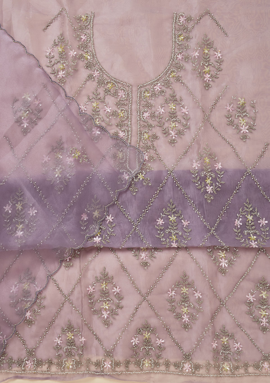 Light Grey Organza Cutdana Unstitched Dress Material With Matching Bottom And Dupatta