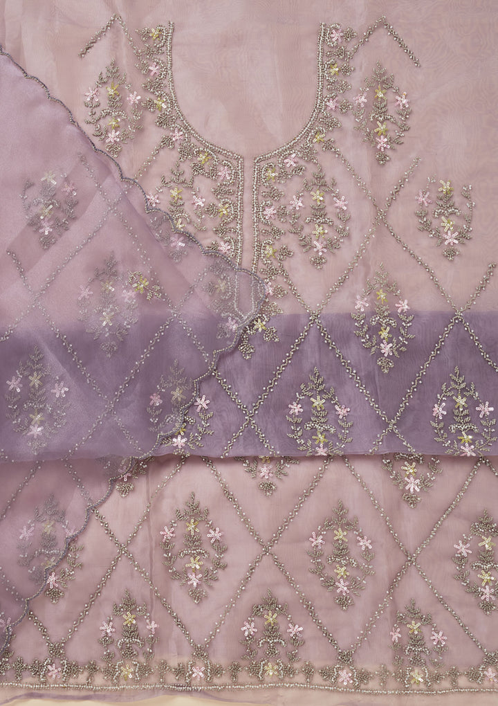 Light Grey Organza Cutdana Unstitched Dress Material With Matching Bottom And Dupatta