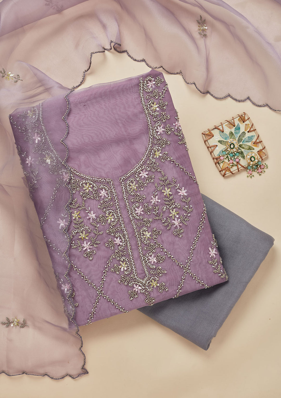 Light Grey Organza Cutdana Unstitched Dress Material With Matching Bottom And Dupatta