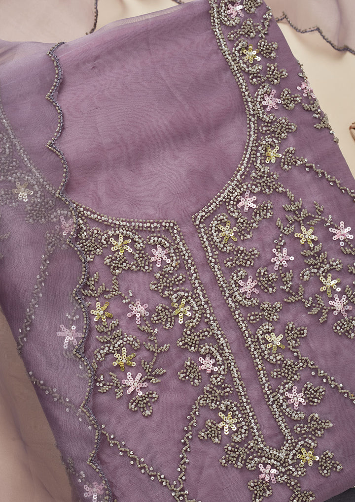 Light Grey Organza Cutdana Unstitched Dress Material With Matching Bottom And Dupatta