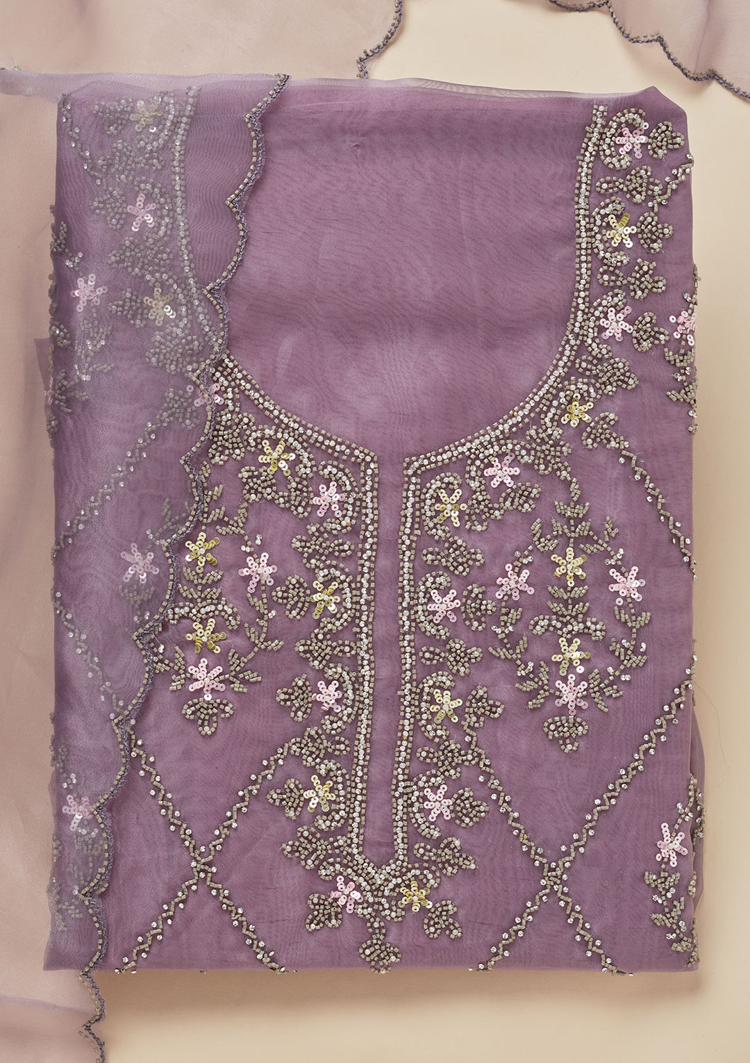 Light Grey Organza Cutdana Unstitched Dress Material With Matching Bottom And Dupatta