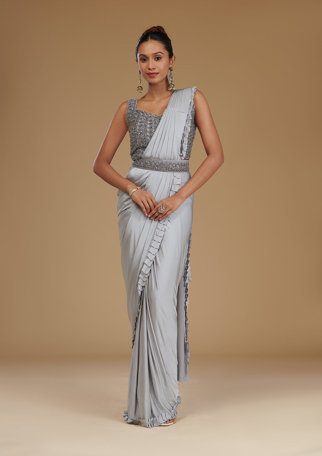 Light Grey Satin Swarovski Saree With Matching Blouse Piece
