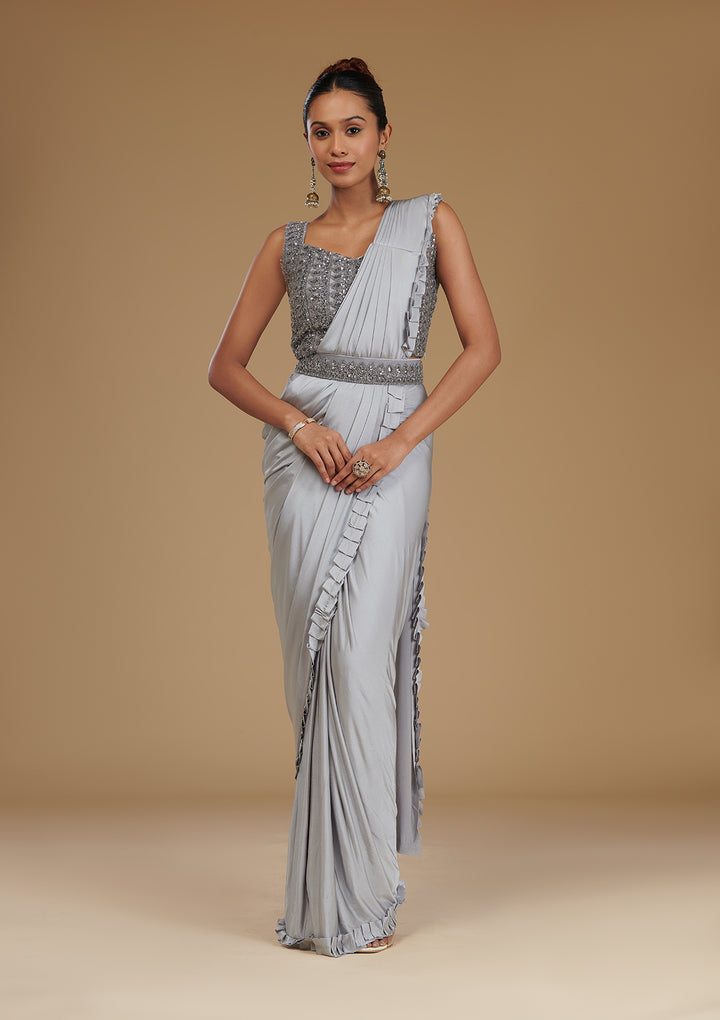 Light Grey Satin Swarovski Saree With Matching Blouse Piece