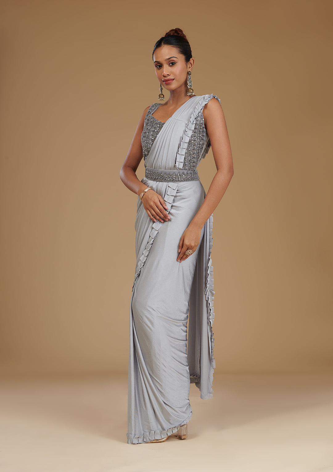 Light Grey Satin Swarovski Saree With Matching Blouse Piece