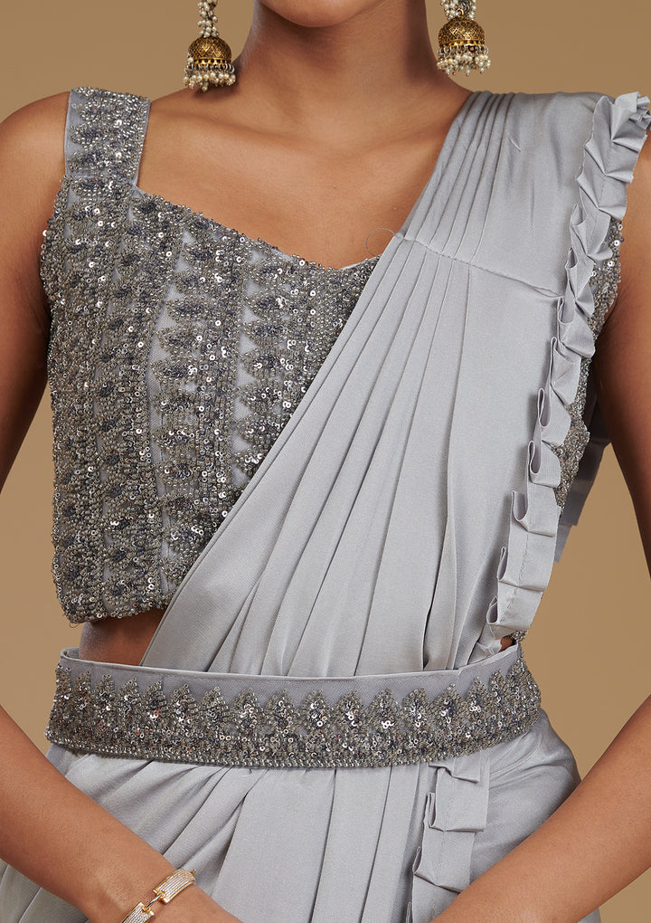 Light Grey Satin Swarovski Saree With Matching Blouse Piece