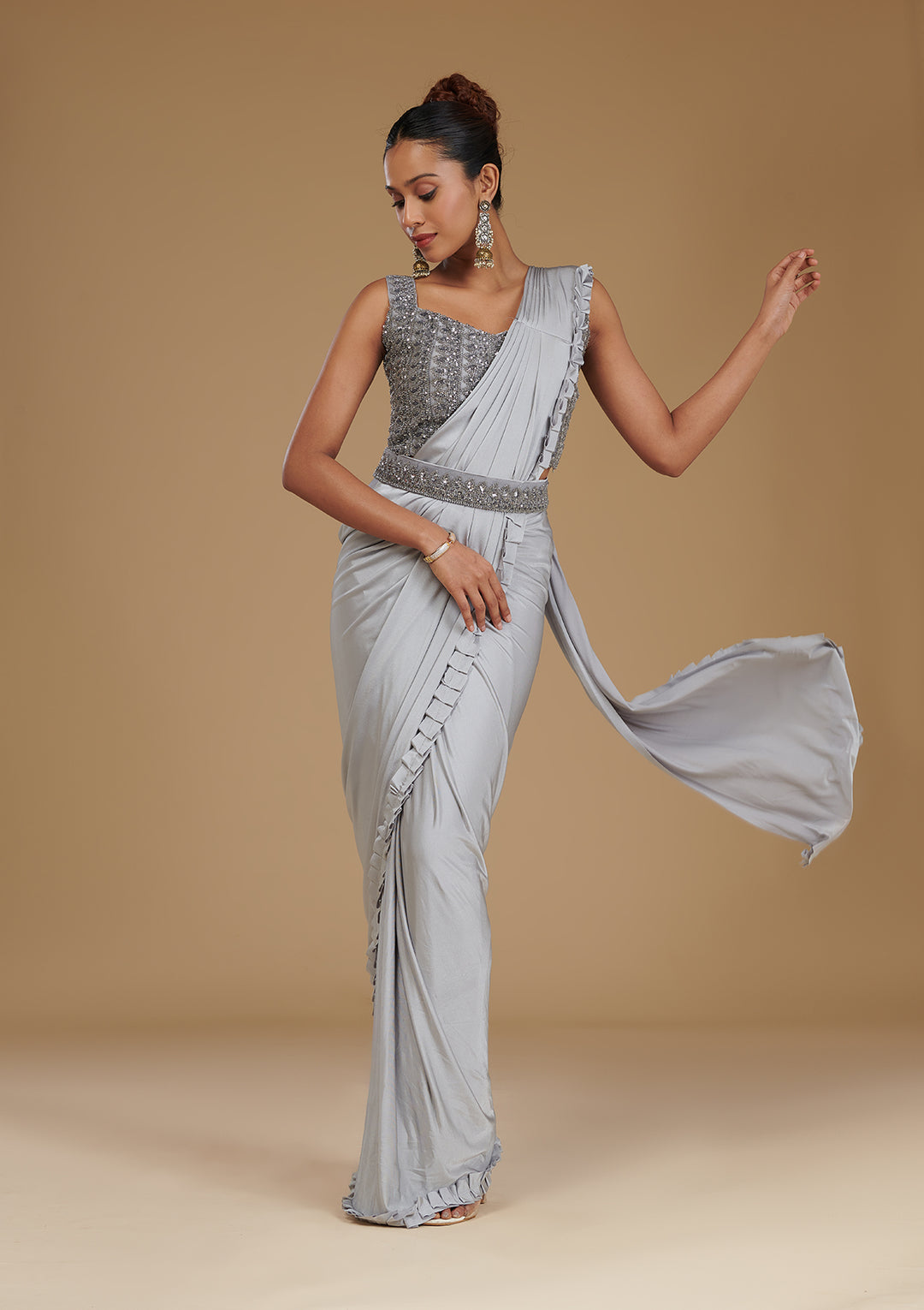 Light Grey Satin Swarovski Saree With Matching Blouse Piece