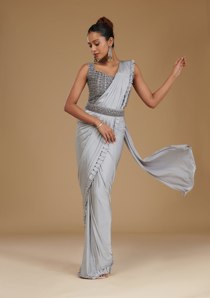 Light Grey Satin Swarovski Saree With Matching Blouse Piece