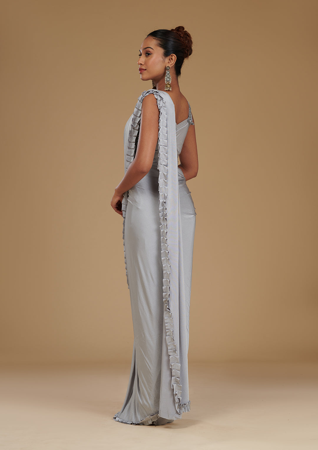 Light Grey Satin Swarovski Saree With Matching Blouse Piece
