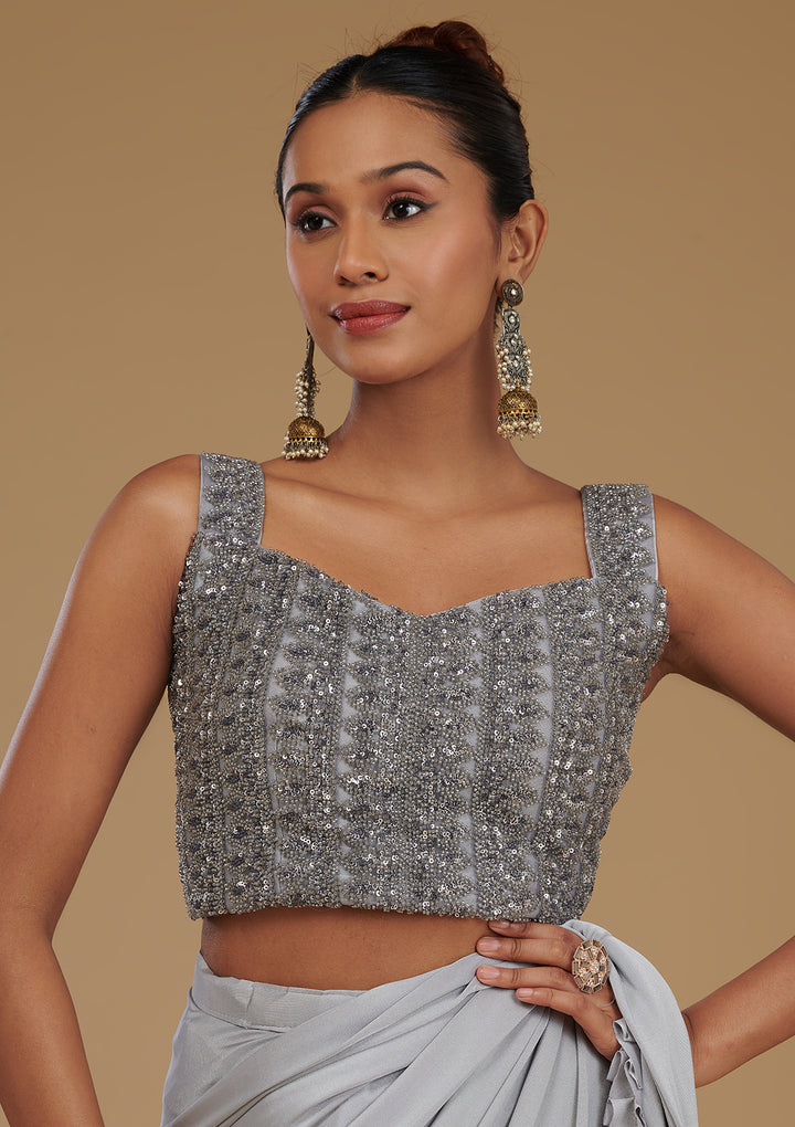 Light Grey Satin Swarovski Saree With Matching Blouse Piece