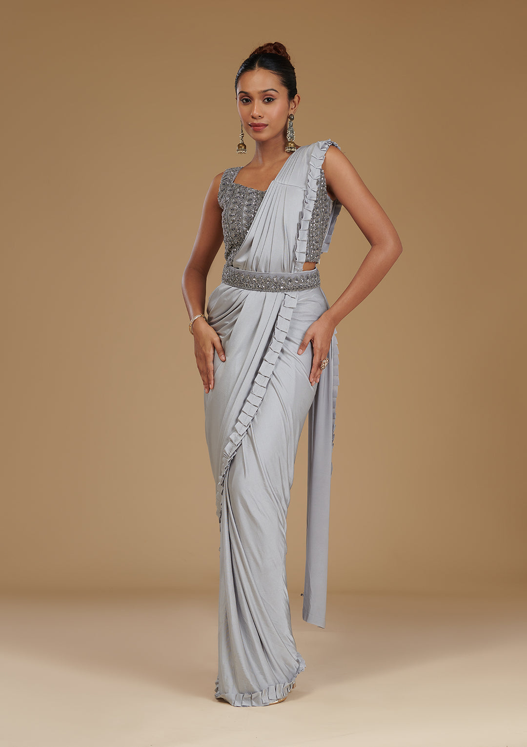 Light Grey Satin Swarovski Saree With Matching Blouse Piece