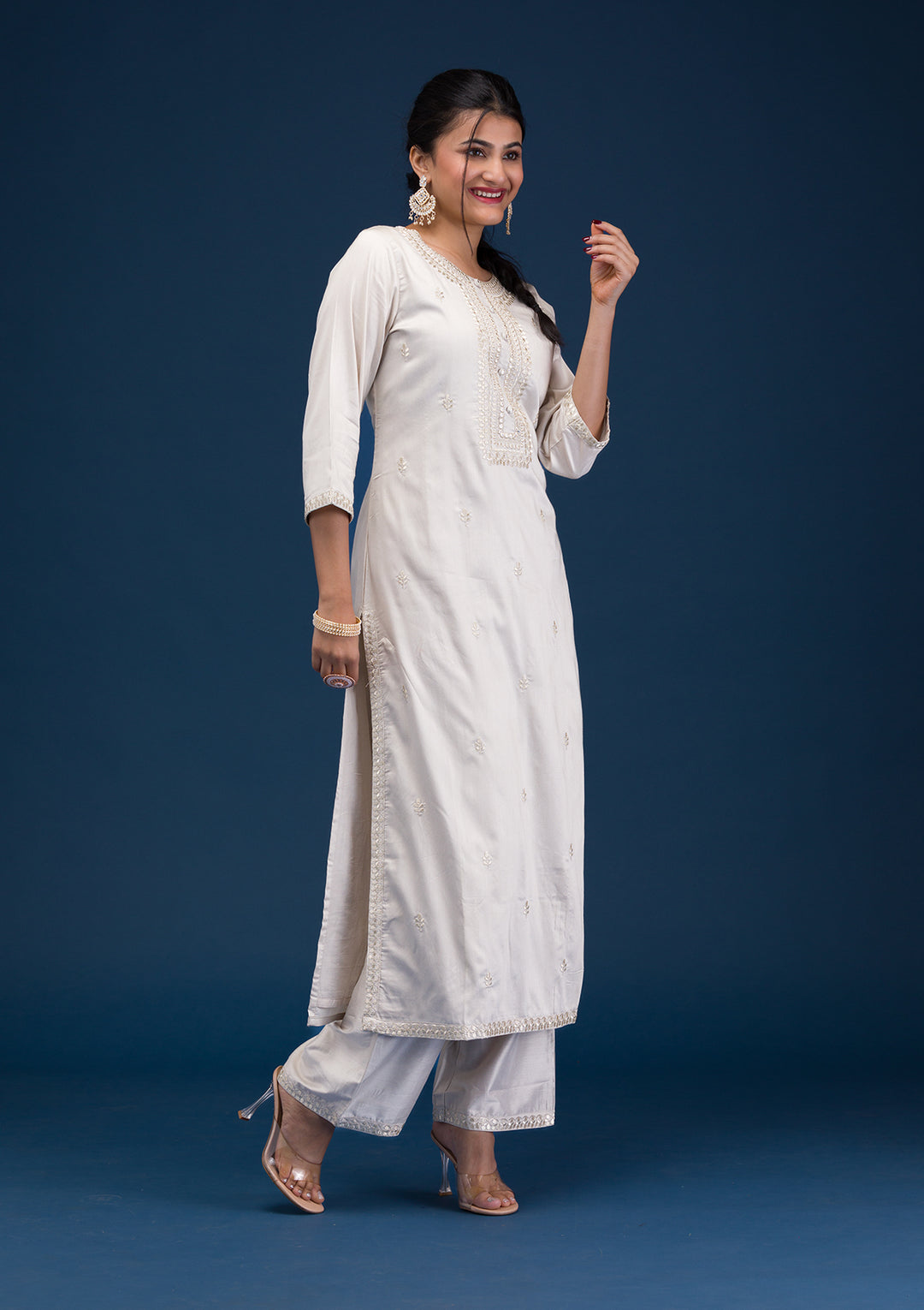 Light Grey Yellow Soft Raw Silk Silver Zariwork Straight Kurta With Pant Regular And Dupatta