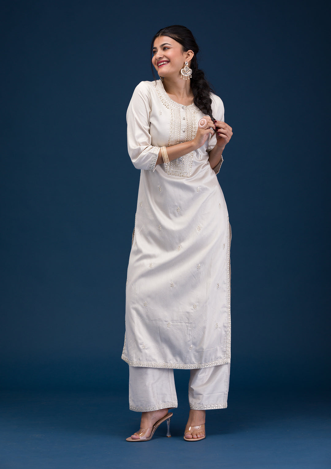 Light Grey Yellow Soft Raw Silk Silver Zariwork Straight Kurta With Pant Regular And Dupatta
