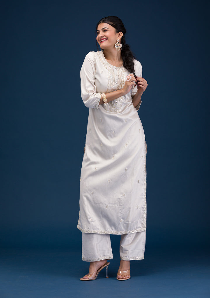 Light Grey Yellow Soft Raw Silk Silver Zariwork Straight Kurta With Pant Regular And Dupatta