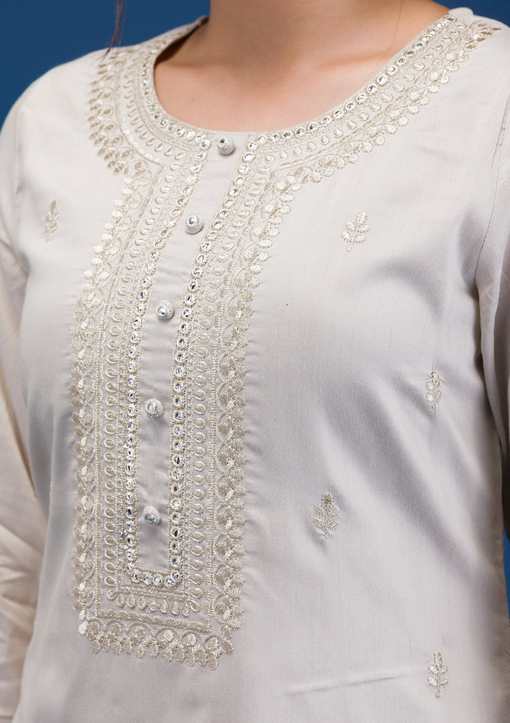 Light Grey Yellow Soft Raw Silk Silver Zariwork Straight Kurta With Pant Regular And Dupatta