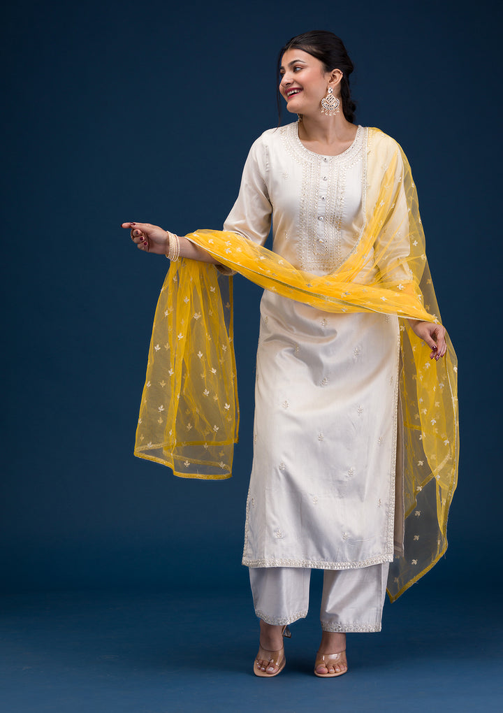 Light Grey Yellow Soft Raw Silk Silver Zariwork Straight Kurta With Pant Regular And Dupatta