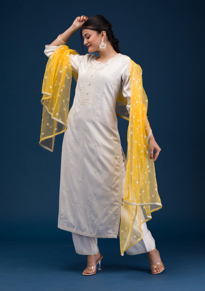 Light Grey Yellow Soft Raw Silk Silver Zariwork Straight Kurta With Pant Regular And Dupatta