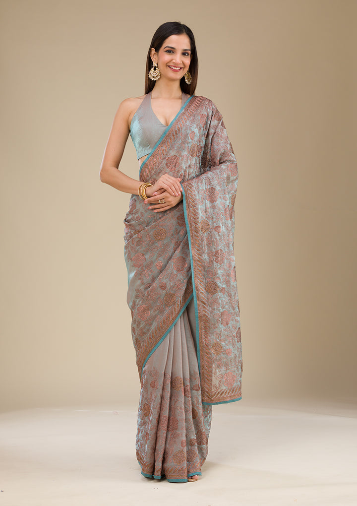 Light Grey Threadwork Tissue Saree