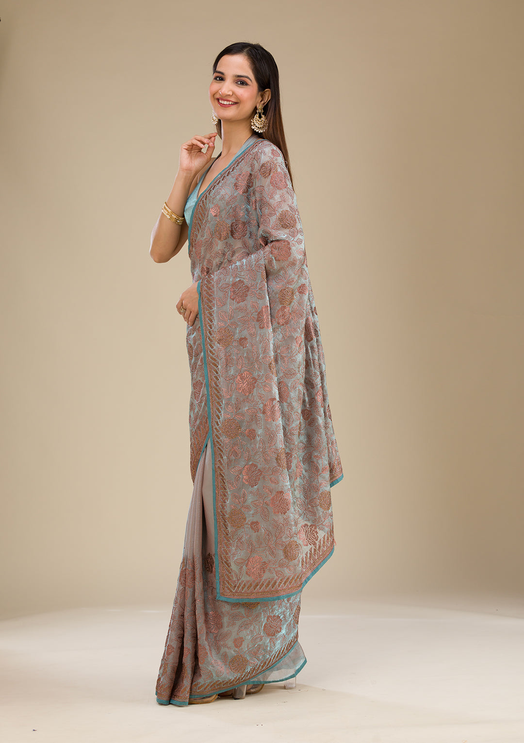 Light Grey Threadwork Tissue Saree