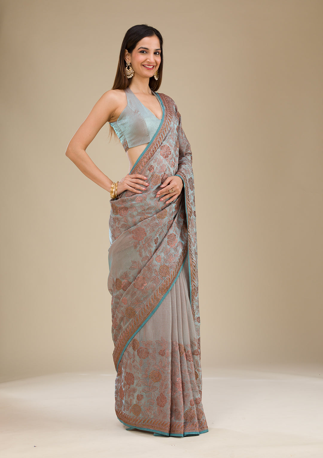 Light Grey Threadwork Tissue Saree