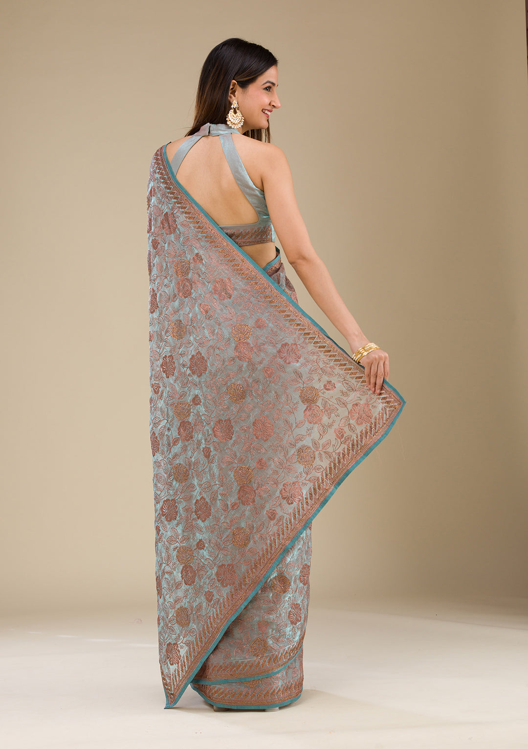 Light Grey Threadwork Tissue Saree