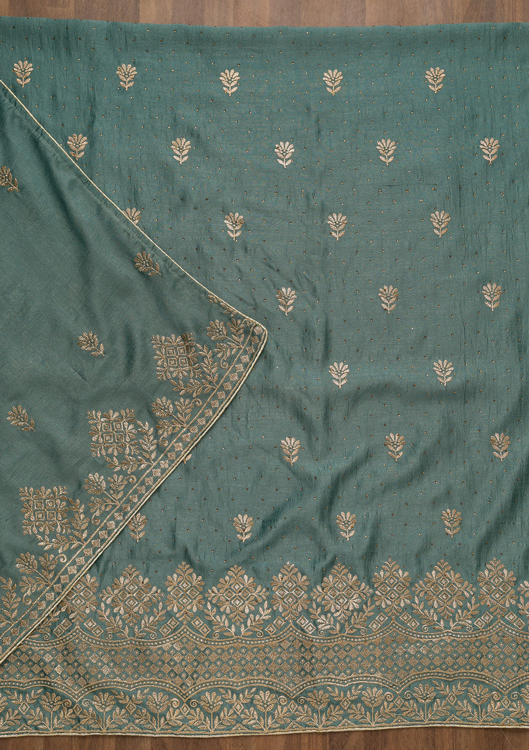 Light Grey Soft Raw Silk Swarovski Unstitched Dress Material With Matching Bottom And Dupatta