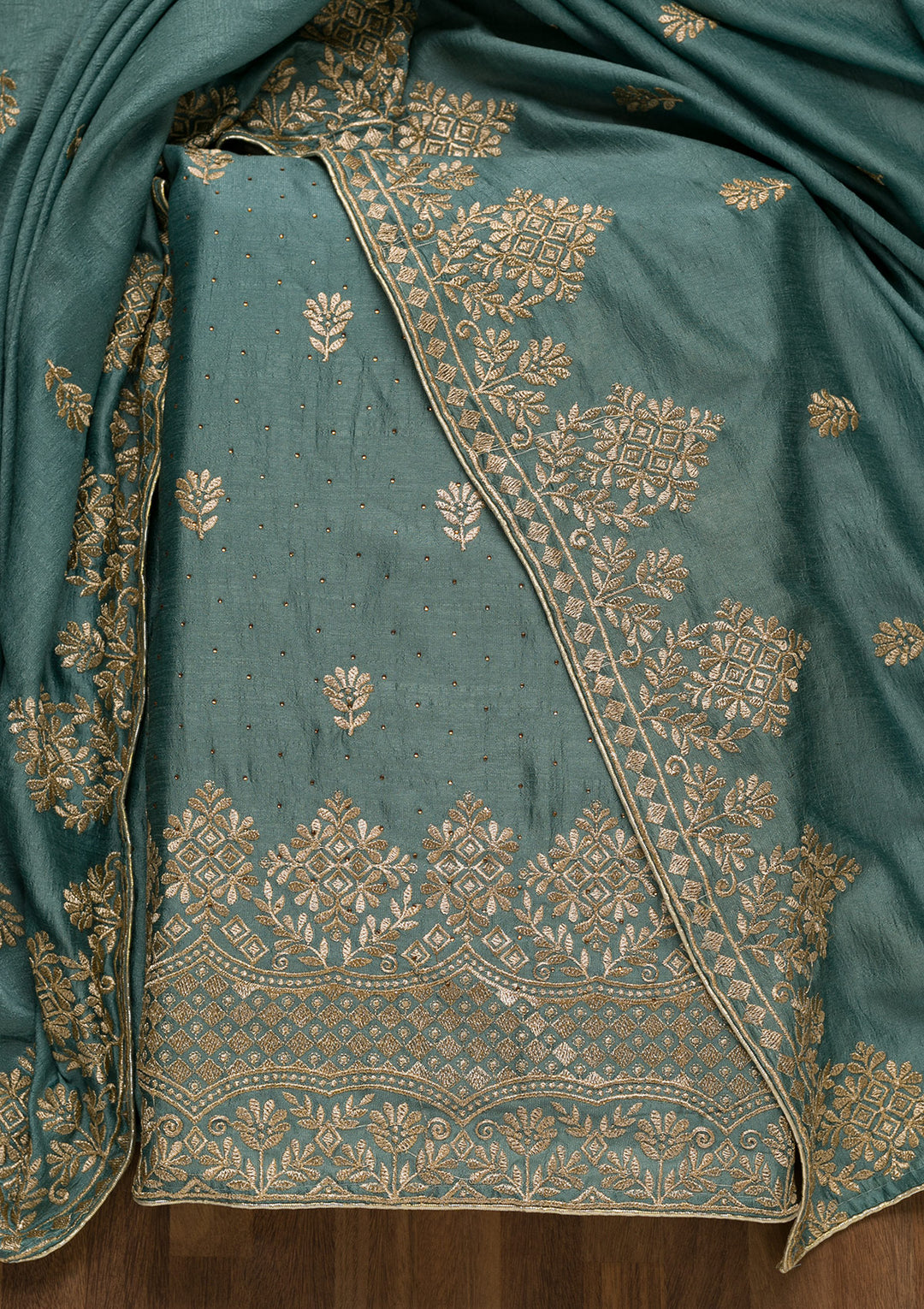 Light Grey Soft Raw Silk Swarovski Unstitched Dress Material With Matching Bottom And Dupatta