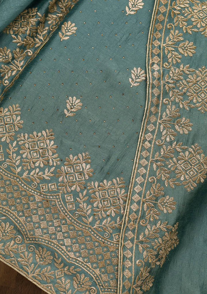 Light Grey Soft Raw Silk Swarovski Unstitched Dress Material With Matching Bottom And Dupatta