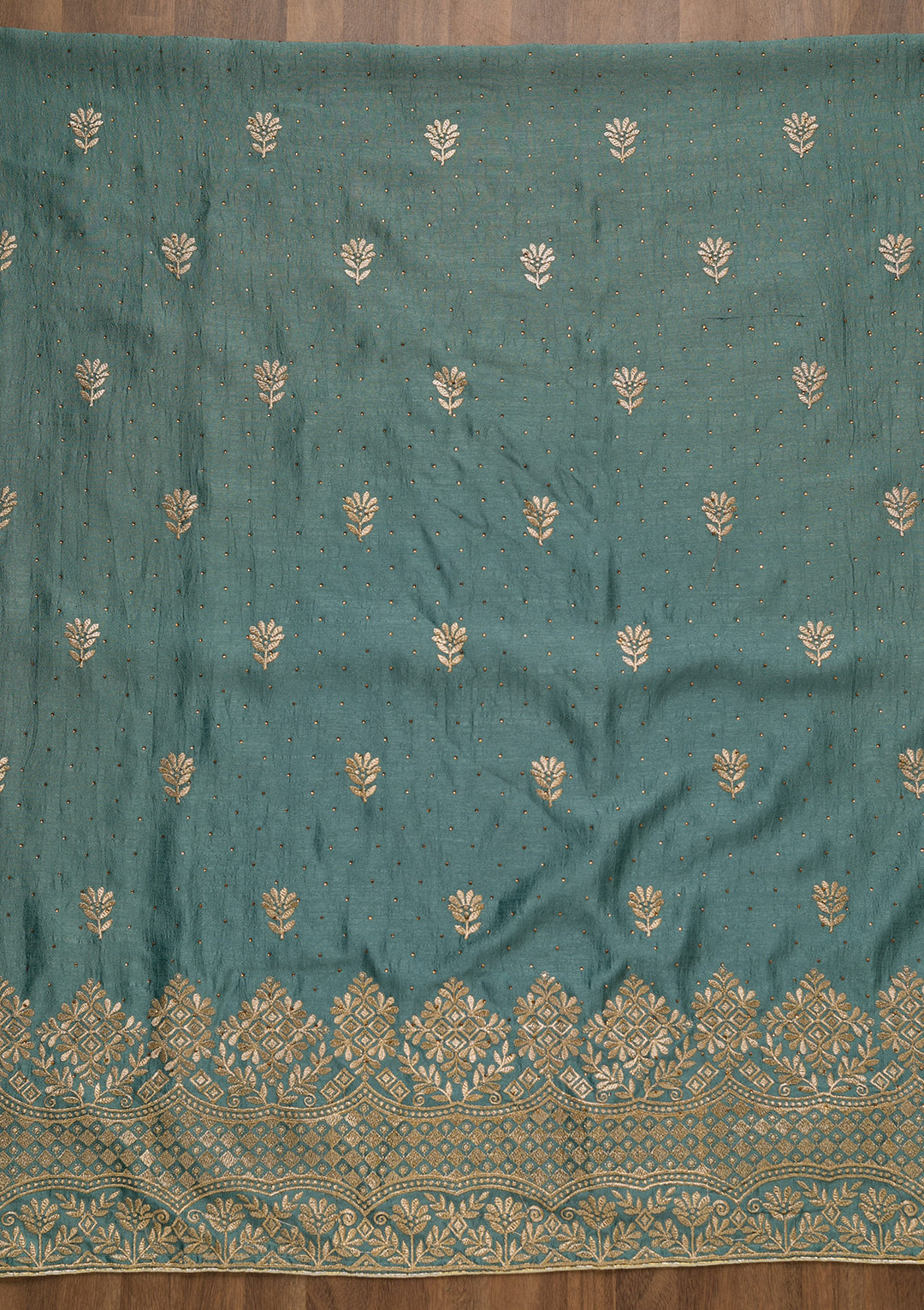 Light Grey Soft Raw Silk Swarovski Unstitched Dress Material With Matching Bottom And Dupatta