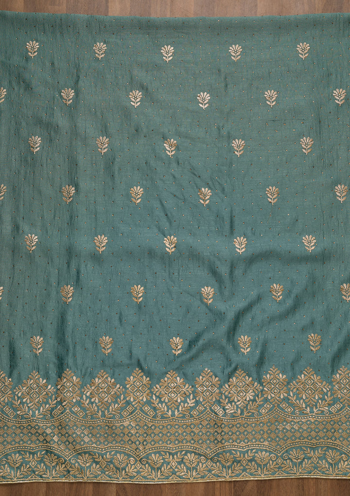 Light Grey Soft Raw Silk Swarovski Unstitched Dress Material With Matching Bottom And Dupatta