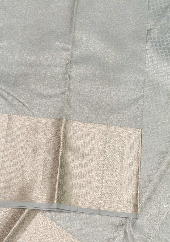 Light Grey Silk Jaal Gold Zariwork Saree With Matching Blouse Piece