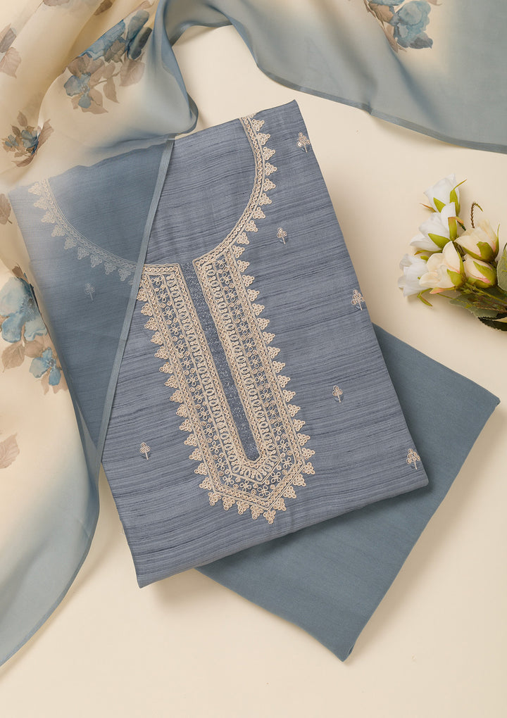 Light Grey Soft Raw Silk Gold Zariwork Unstitched Dress Material With Matching Bottom And Dupatta