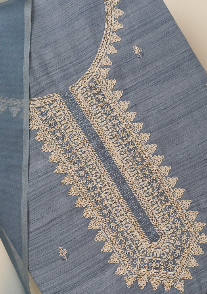 Light Grey Soft Raw Silk Gold Zariwork Unstitched Dress Material With Matching Bottom And Dupatta