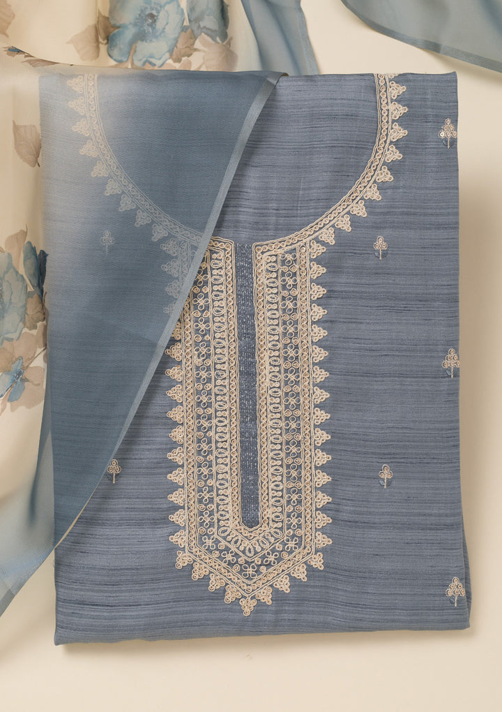 Light Grey Soft Raw Silk Gold Zariwork Unstitched Dress Material With Matching Bottom And Dupatta