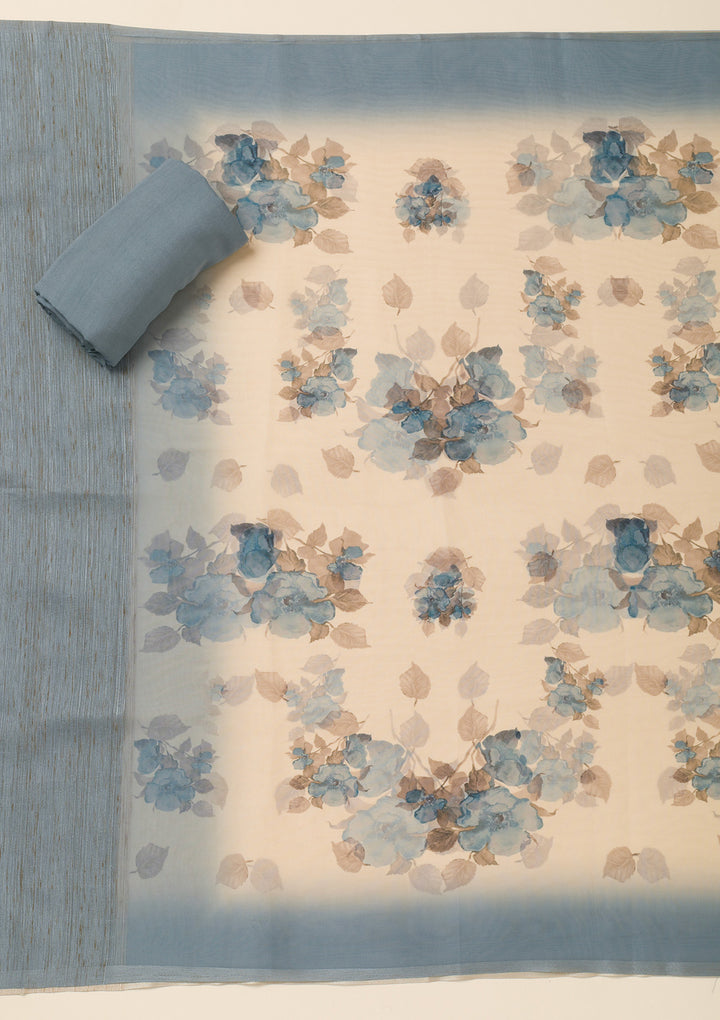 Light Grey Soft Raw Silk Gold Zariwork Unstitched Dress Material With Matching Bottom And Dupatta