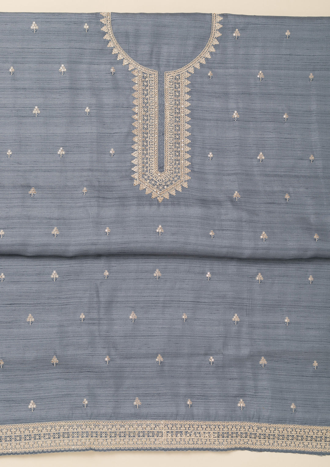 Light Grey Soft Raw Silk Gold Zariwork Unstitched Dress Material With Matching Bottom And Dupatta