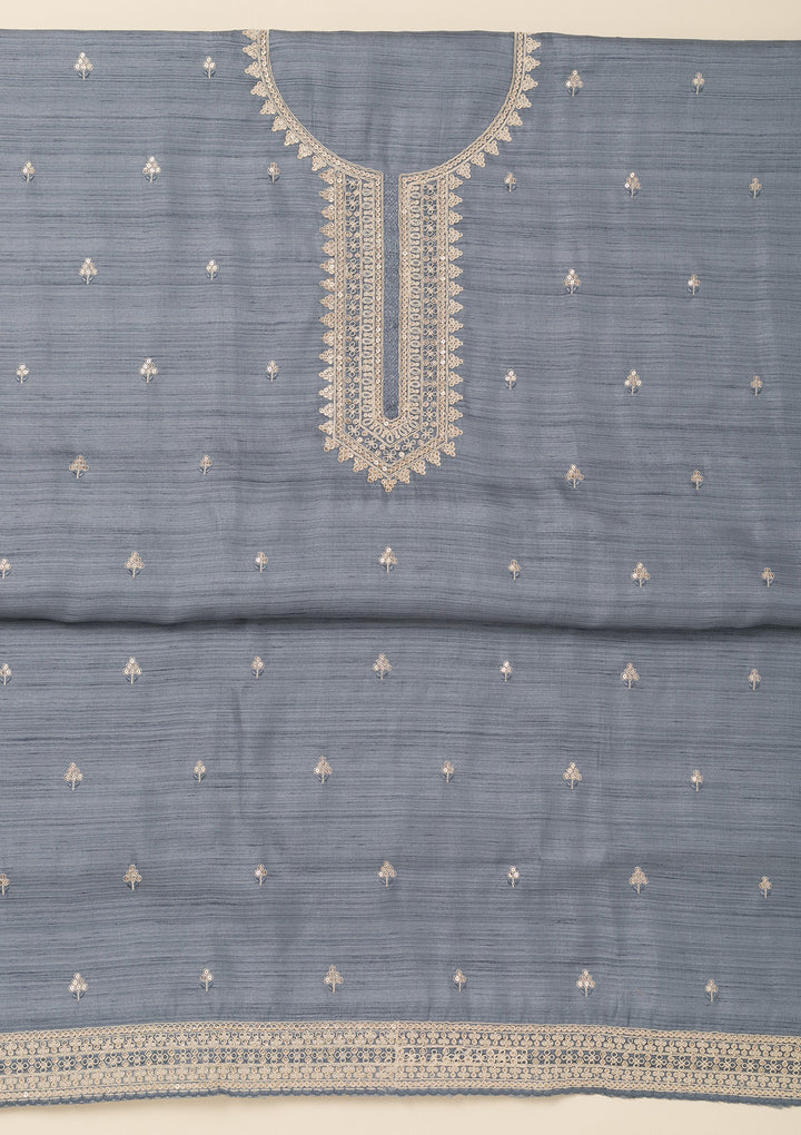 Light Grey Soft Raw Silk Gold Zariwork Unstitched Dress Material With Matching Bottom And Dupatta
