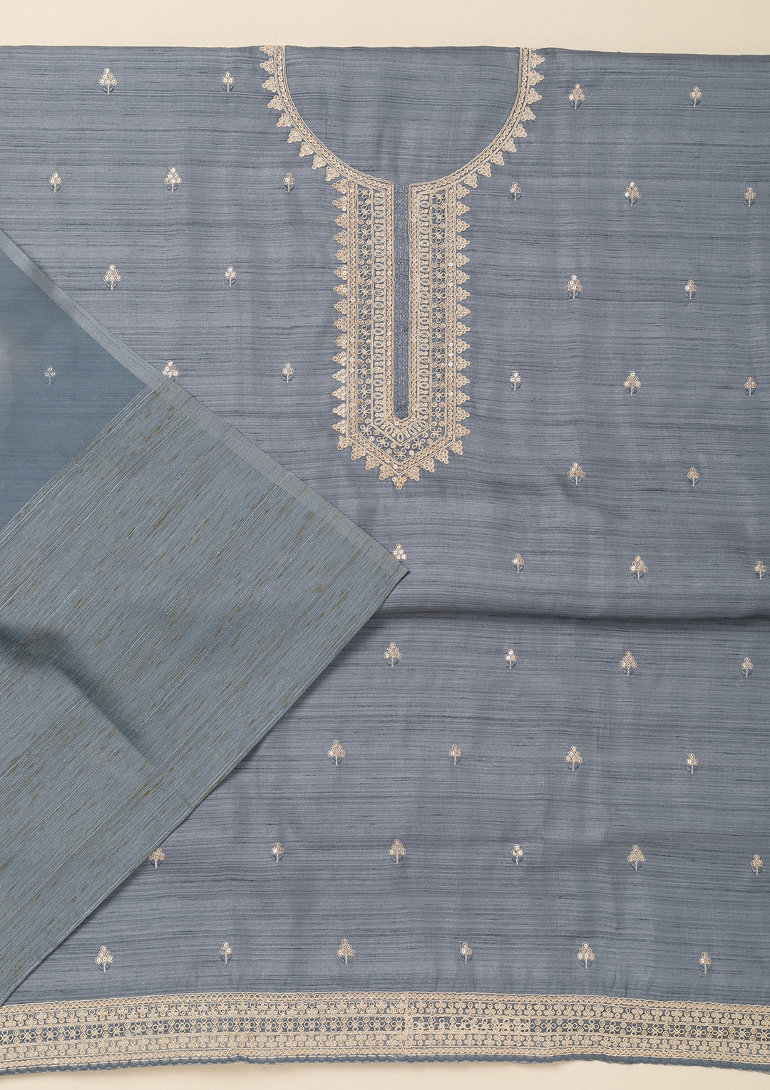 Light Grey Soft Raw Silk Gold Zariwork Unstitched Dress Material With Matching Bottom And Dupatta