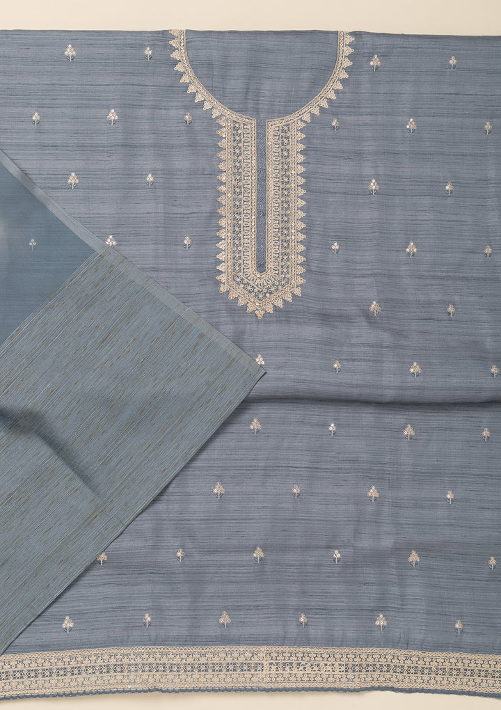 Light Grey Soft Raw Silk Gold Zariwork Unstitched Dress Material With Matching Bottom And Dupatta