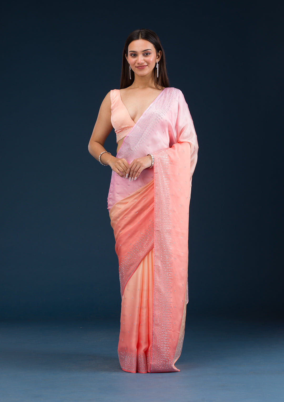 Light Orange Satin Ombre Silver Stonework Saree With Matching Blouse Piece