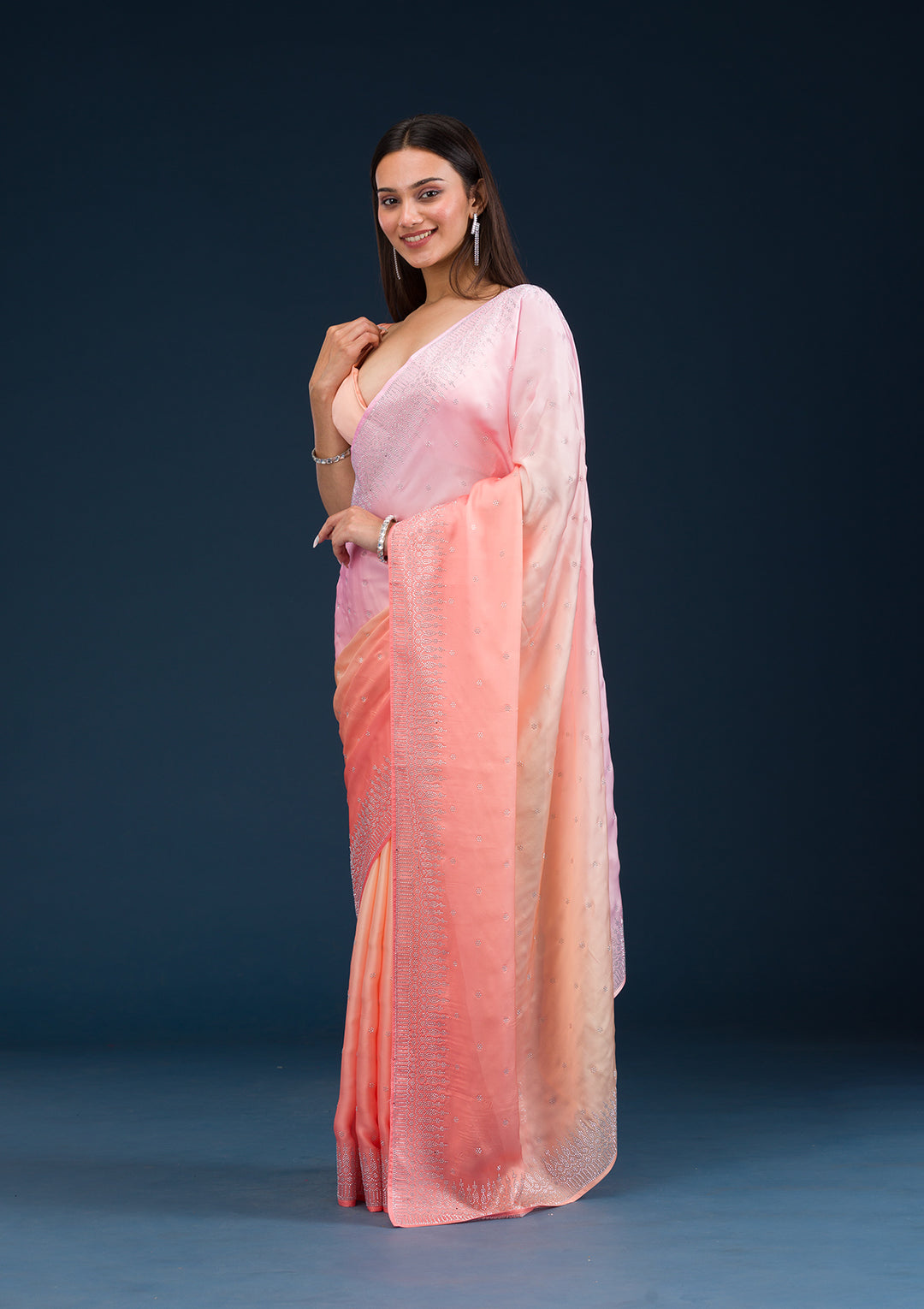 Light Orange Satin Ombre Silver Stonework Saree With Matching Blouse Piece