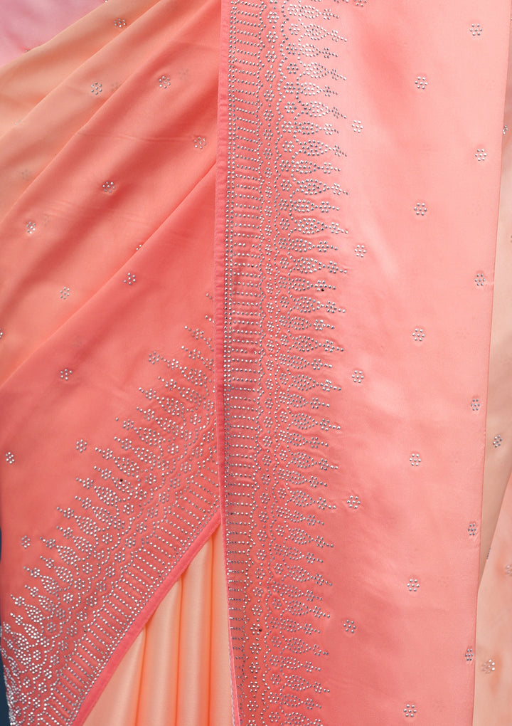 Light Orange Satin Ombre Silver Stonework Saree With Matching Blouse Piece