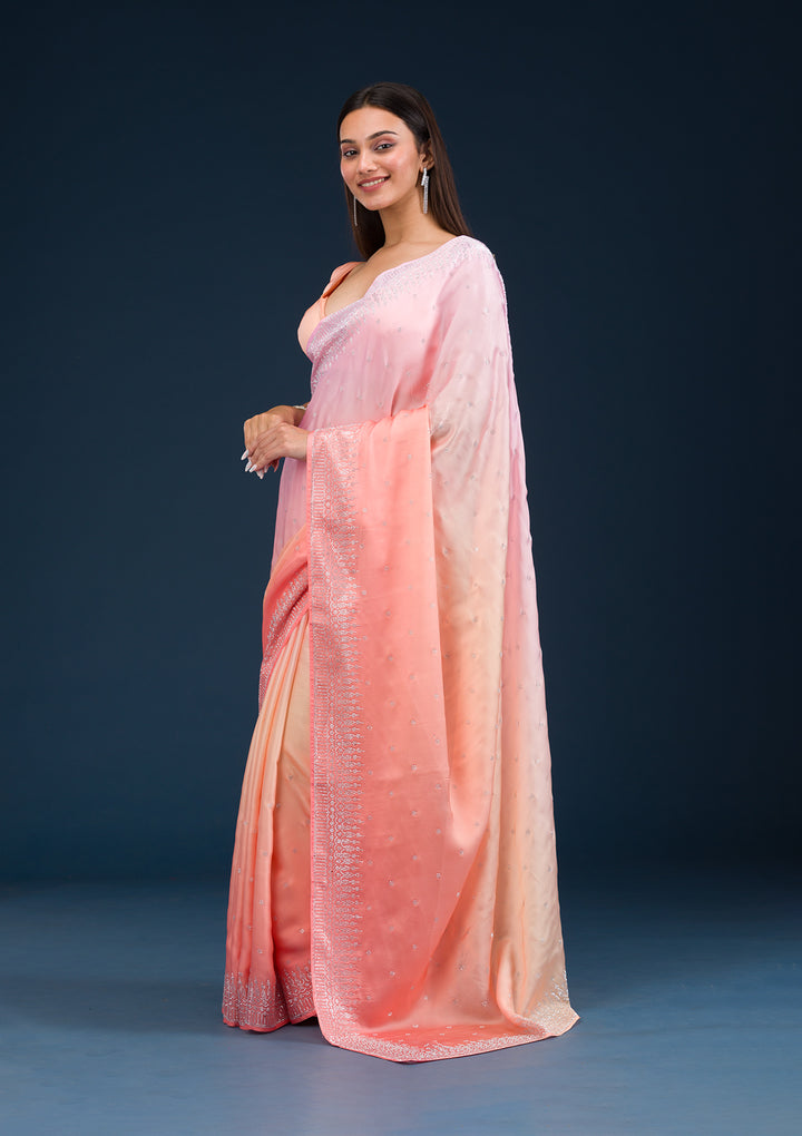 Light Orange Satin Ombre Silver Stonework Saree With Matching Blouse Piece