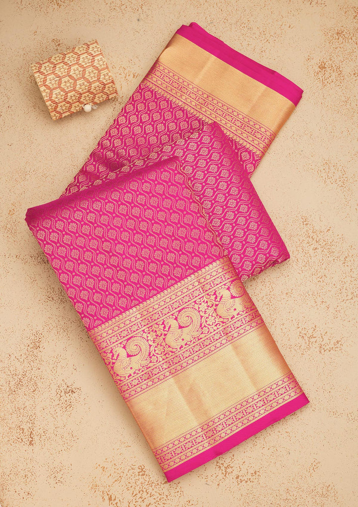 Magenta Pink Silk Jaal Gold Zariwork Saree With Matching Blouse Piece