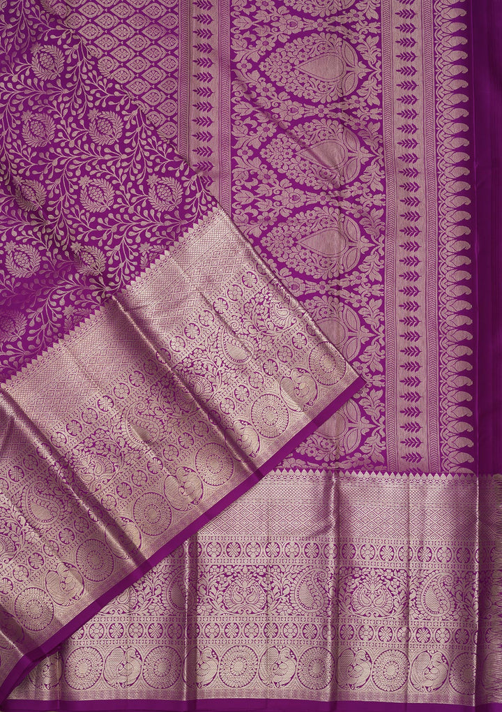 Magenta Pink Silk Jaal Gold Zariwork Saree With Matching Blouse Piece