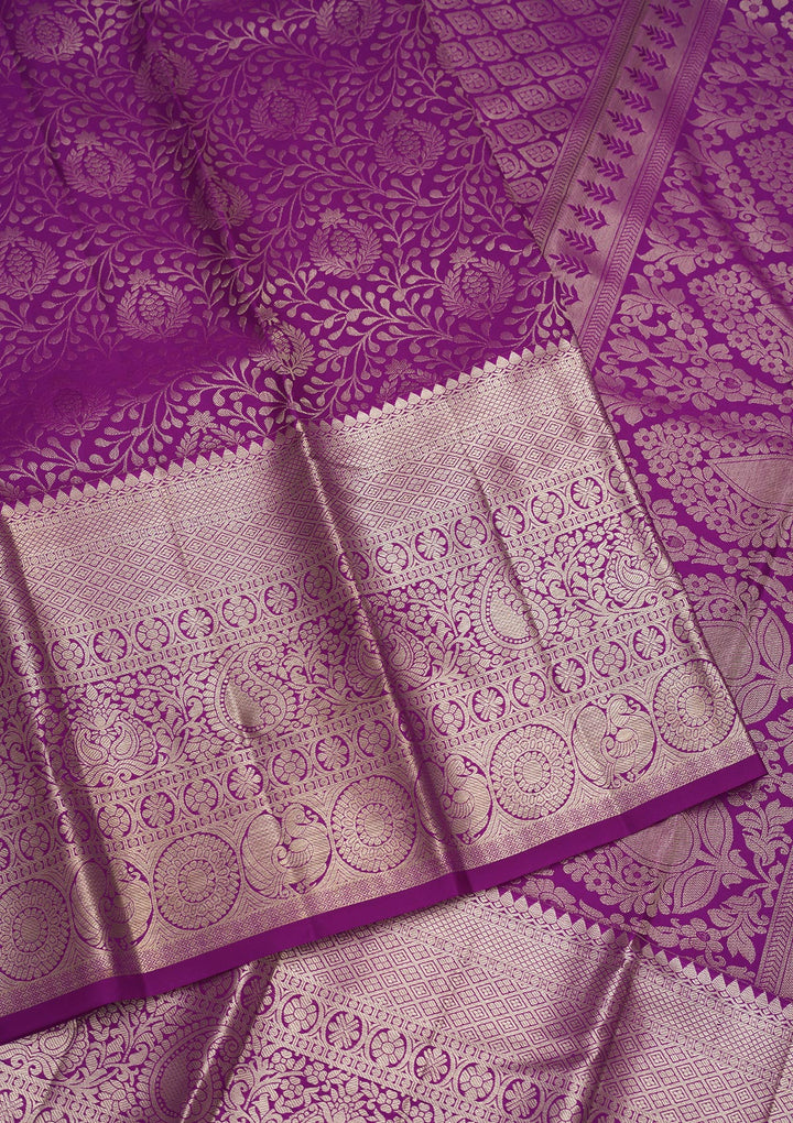 Magenta Pink Silk Jaal Gold Zariwork Saree With Matching Blouse Piece