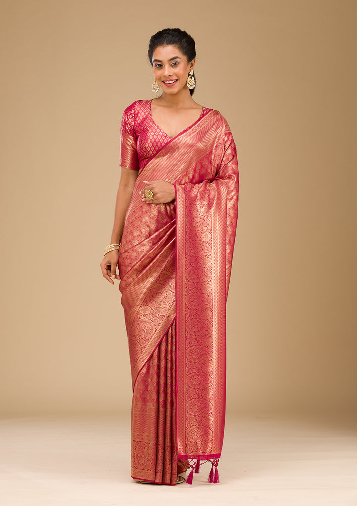 Maroon Silk Jaal Gold Zariwork Saree With Matching Blouse Piece
